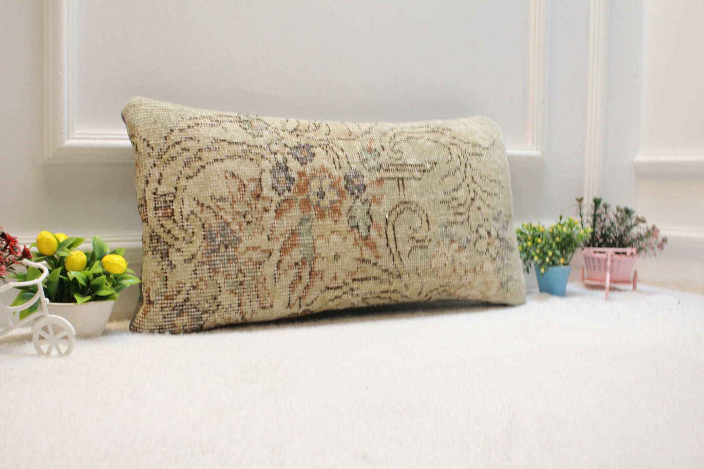 Handmade Beige Kilim Pillow Cover: Vintage Turkish Lumbar Pillow, 12x24 inc