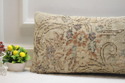 Handmade Beige Kilim Pillow Cover: Vintage Turkish Lumbar Pillow, 12x24 inc