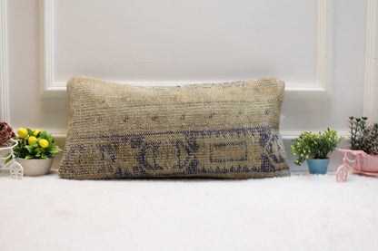 Handmade Beige Kilim Lumbar Pillow Cover: Upcycled Woven Rug, 12x24 inc
