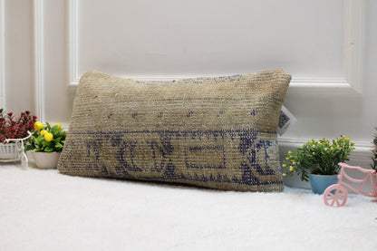 Handmade Beige Kilim Lumbar Pillow Cover: Upcycled Woven Rug, 12x24 inc