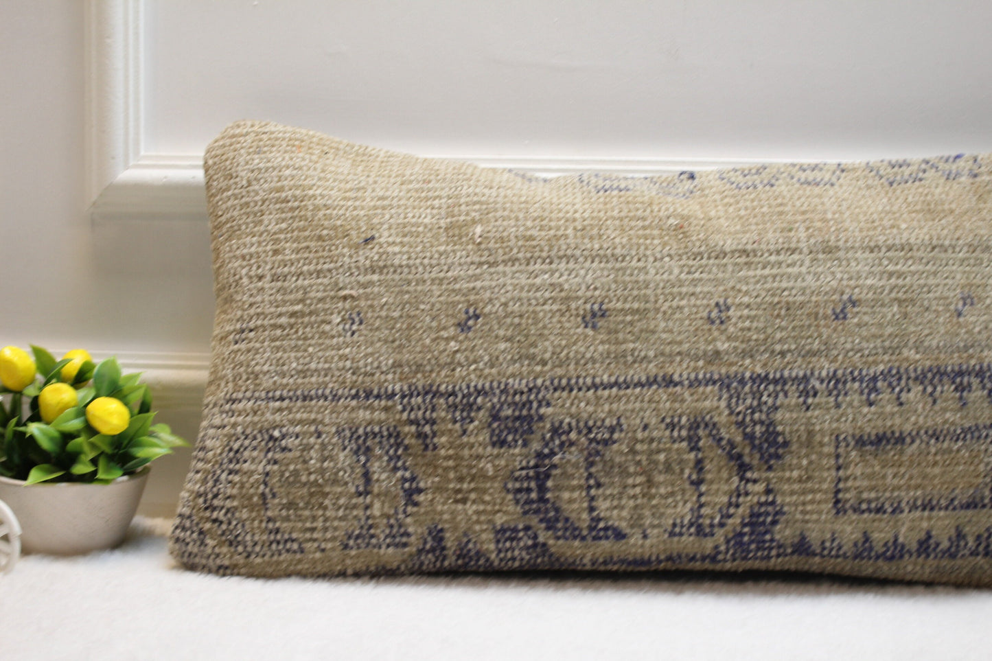 Handmade Beige Kilim Lumbar Pillow Cover: Upcycled Woven Rug, 12x24 inc
