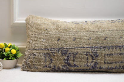 Handmade Beige Kilim Lumbar Pillow Cover: Upcycled Woven Rug, 12x24 inc