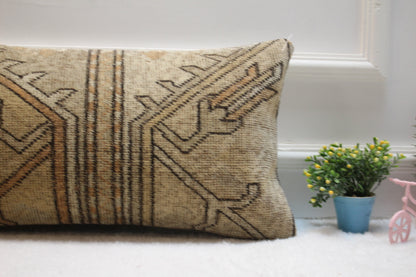 Geometric Kilim Pillow Cover: Beige Boho Lumbar Pillow (12x24 inch)