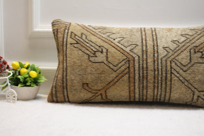Geometric Kilim Pillow Cover: Beige Boho Lumbar Pillow (12x24 inch)