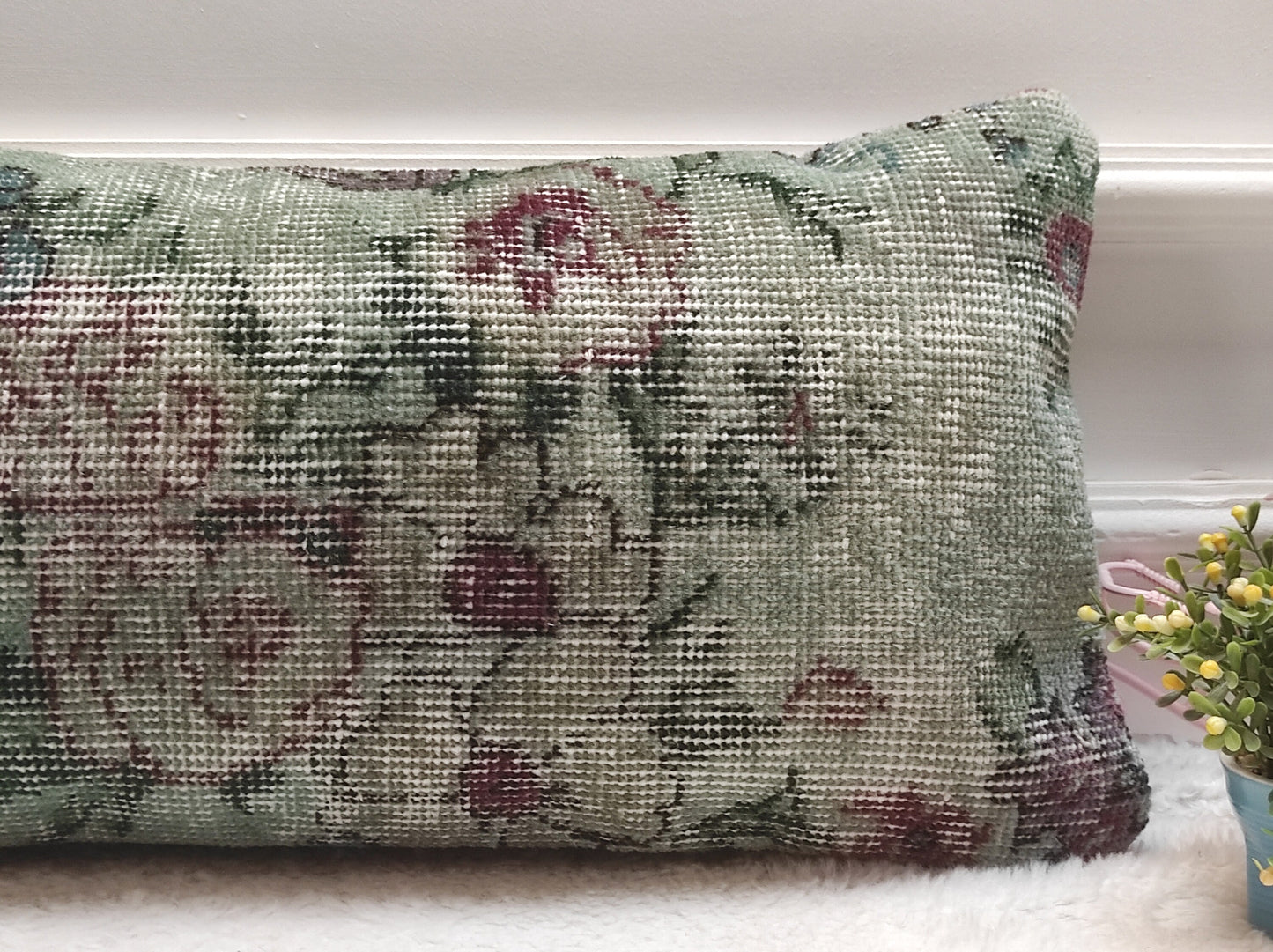 Handmade Kilim Lumbar Pillow Cover: Upcycled Wool, Floral Design (12x24 in)