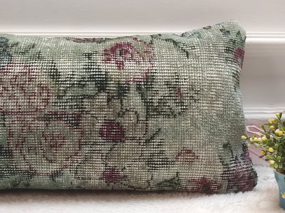 Handmade Kilim Lumbar Pillow Cover: Upcycled Wool, Floral Design (12x24 in)