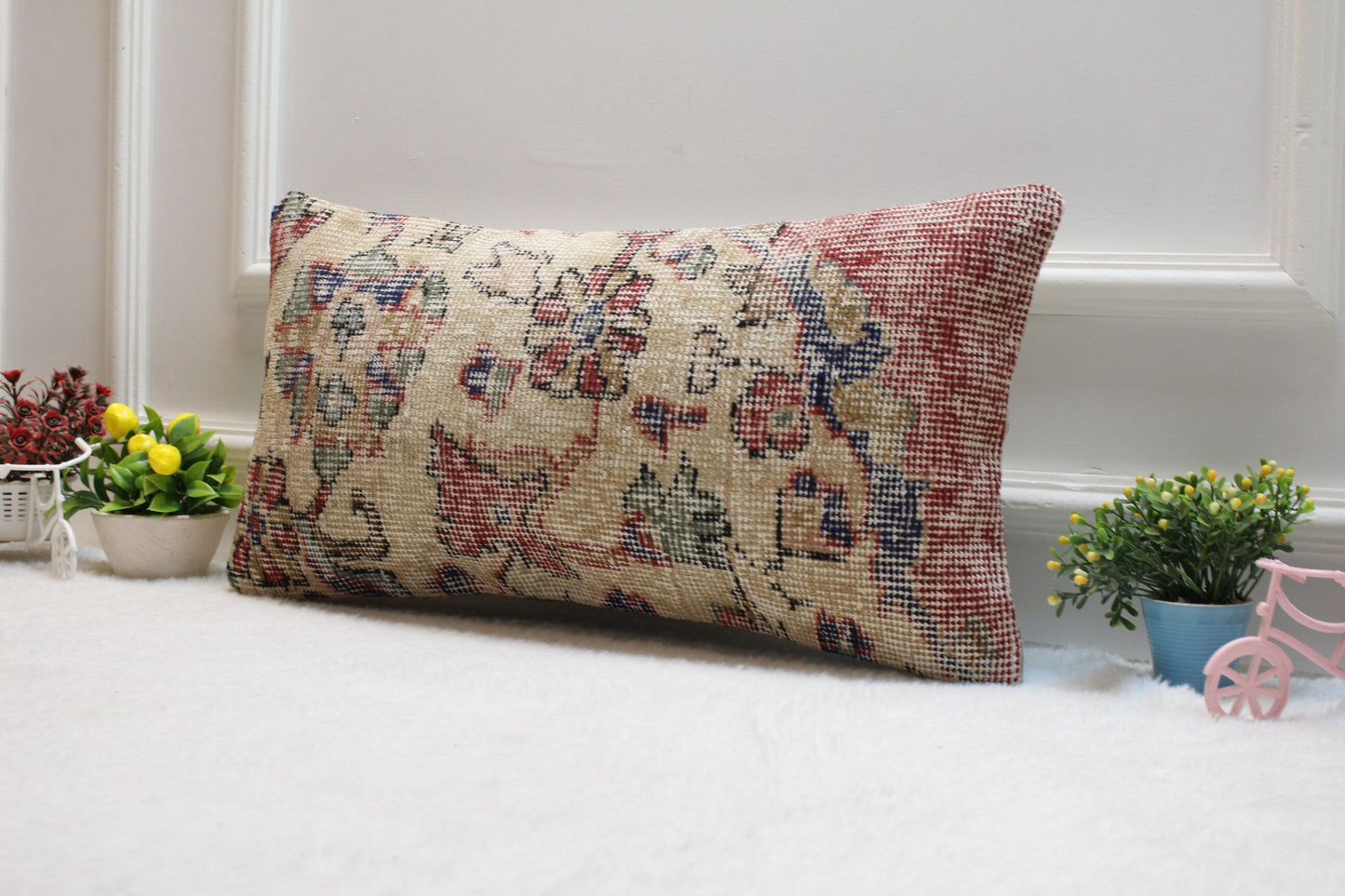 Handmade Beige Kilim Pillow Cover: Upcycled Turkish Rug, 12x24 inch