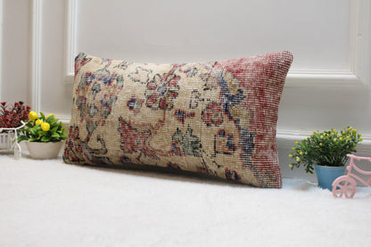 Handmade Beige Kilim Pillow Cover: Upcycled Turkish Rug, 12x24 inch