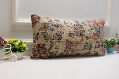 Handmade Beige Kilim Pillow Cover: Upcycled Turkish Rug, 12x24 inch
