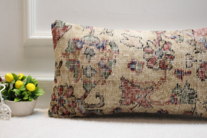 Handmade Beige Kilim Pillow Cover: Upcycled Turkish Rug, 12x24 inch