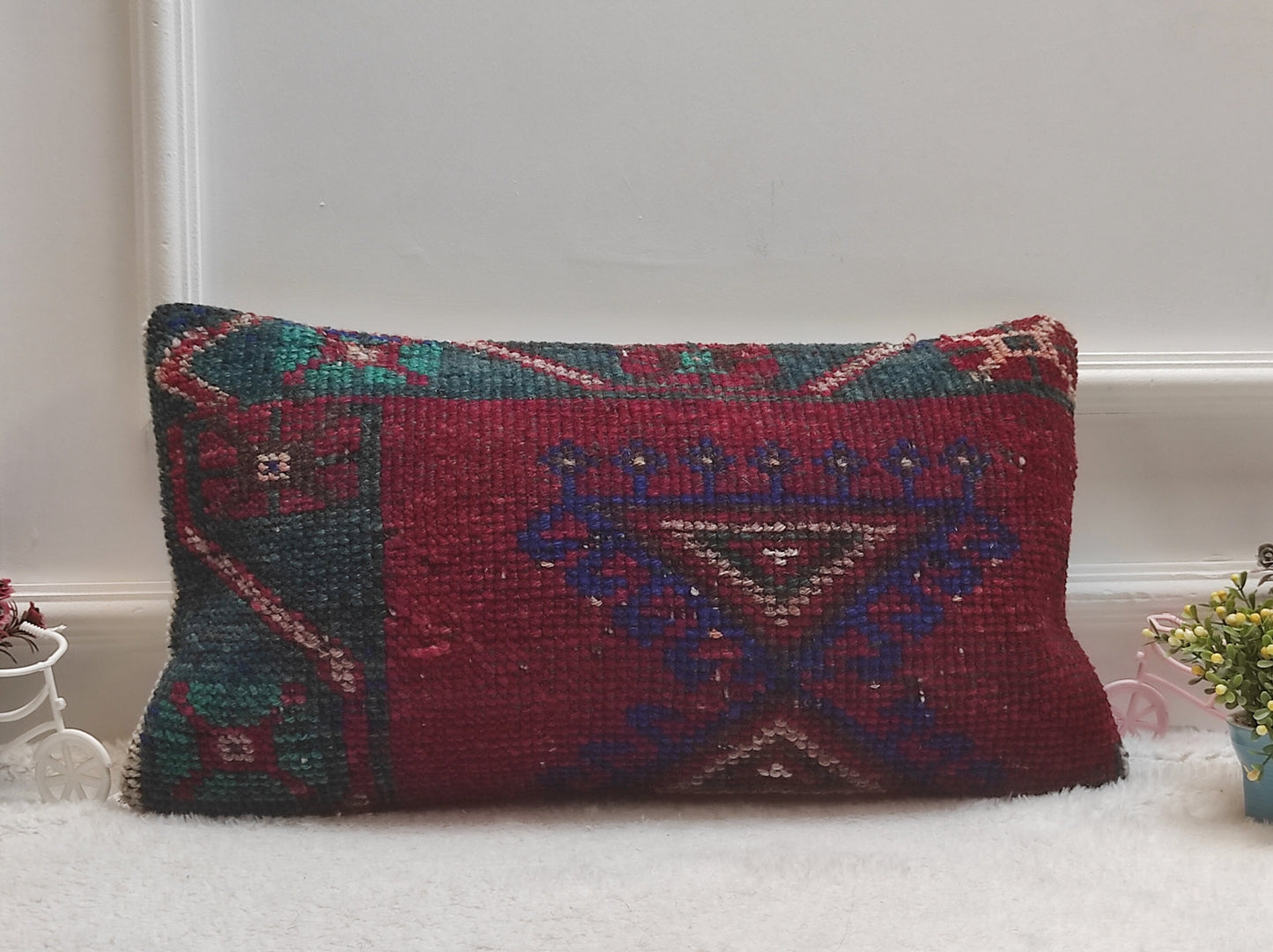 Handmade Kilim Lumbar Pillow Cover: Red & Blue Boho Throw Pillow (12x24 in)