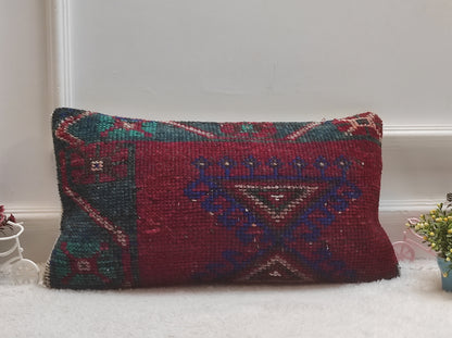 Handmade Kilim Lumbar Pillow Cover: Red & Blue Boho Throw Pillow (12x24 in)