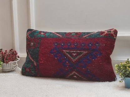 Handmade Kilim Lumbar Pillow Cover: Red & Blue Boho Throw Pillow (12x24 in)