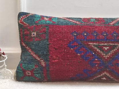 Handmade Kilim Lumbar Pillow Cover: Red & Blue Boho Throw Pillow (12x24 in)