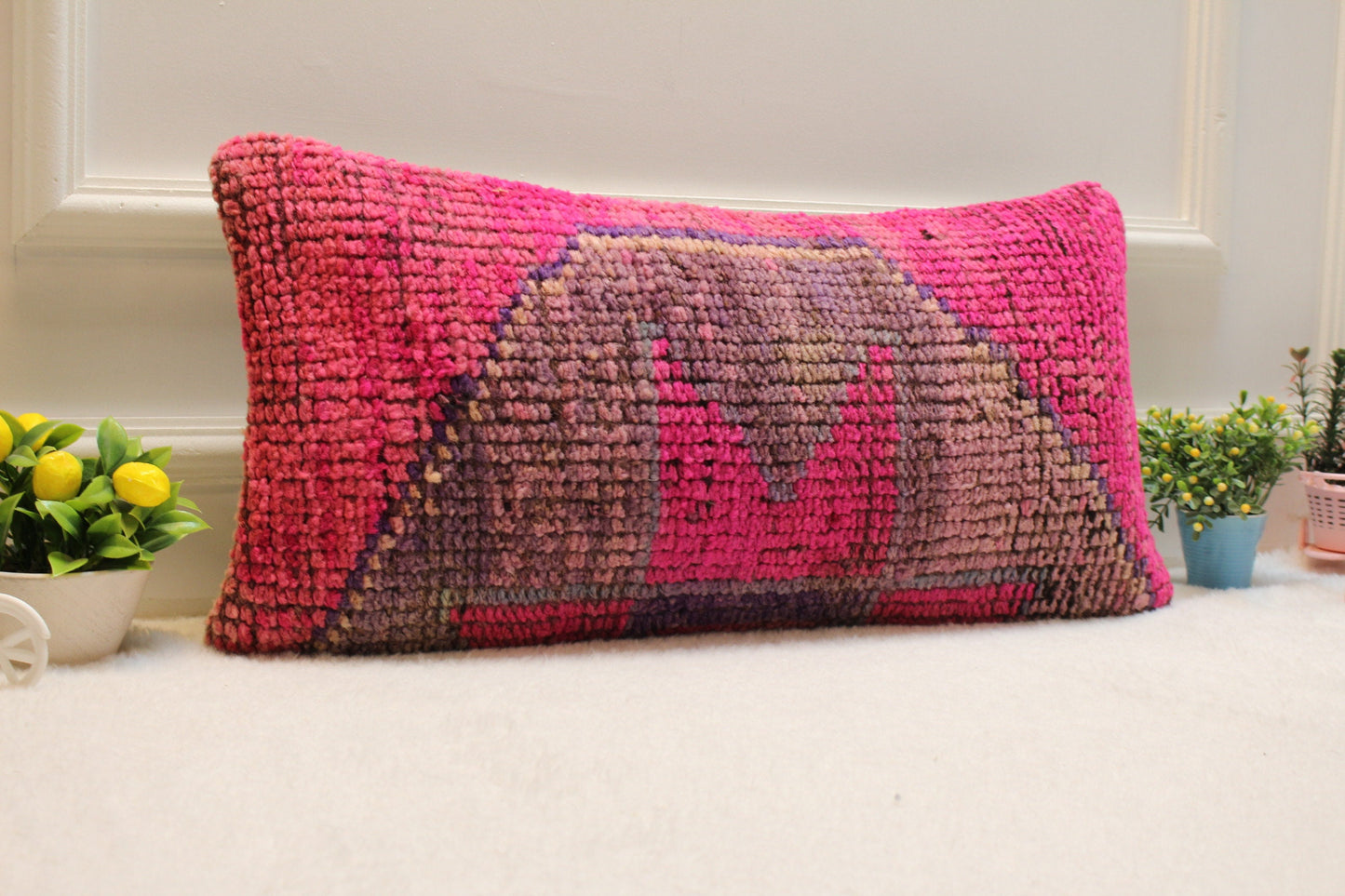 Handmade Pink Kilim Lumbar Pillow Cover: Upcycled Woven Wool (12x24 in)
