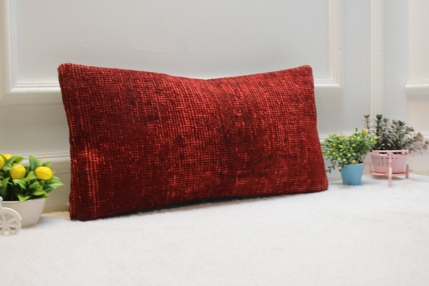 Red Turkish Kilim Lumbar Pillow – Handwoven Cushion Cover, 12x24 Inch