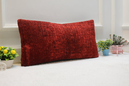 Red Turkish Kilim Lumbar Pillow – Handwoven Cushion Cover, 12x24 Inch
