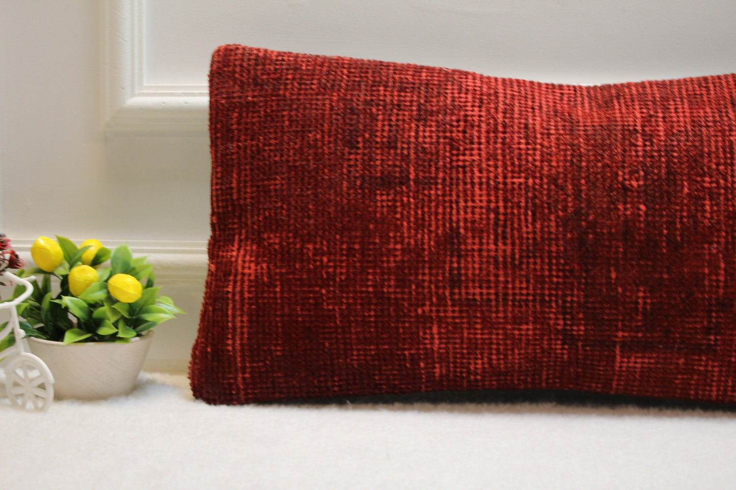 Red Turkish Kilim Lumbar Pillow – Handwoven Cushion Cover, 12x24 Inch