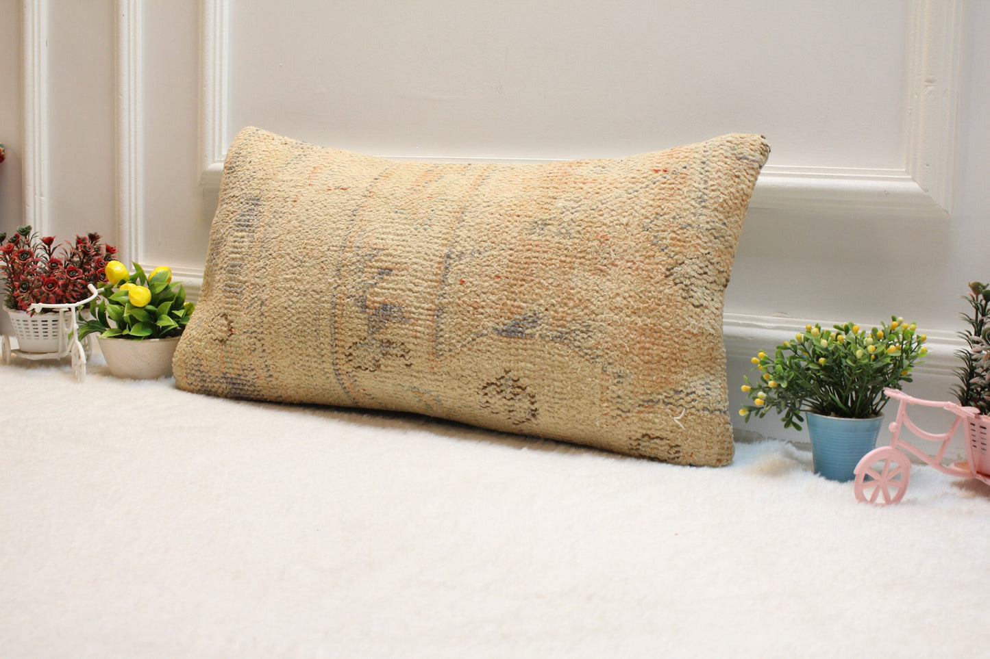 Handmade Beige Kilim Lumbar Pillow Cover: Upcycled Woven Rug, 12x24 inch