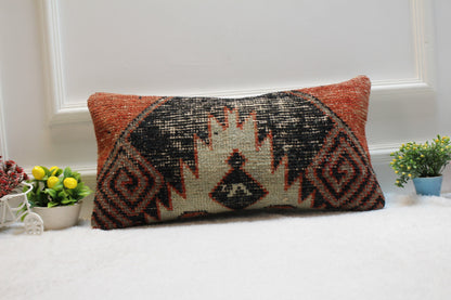 Handmade Kilim Lumbar Pillow – Upcycled Woven Rug Cushion Cover, 12x24 Inch
