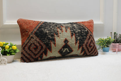 Handmade Kilim Lumbar Pillow – Upcycled Woven Rug Cushion Cover, 12x24 Inch