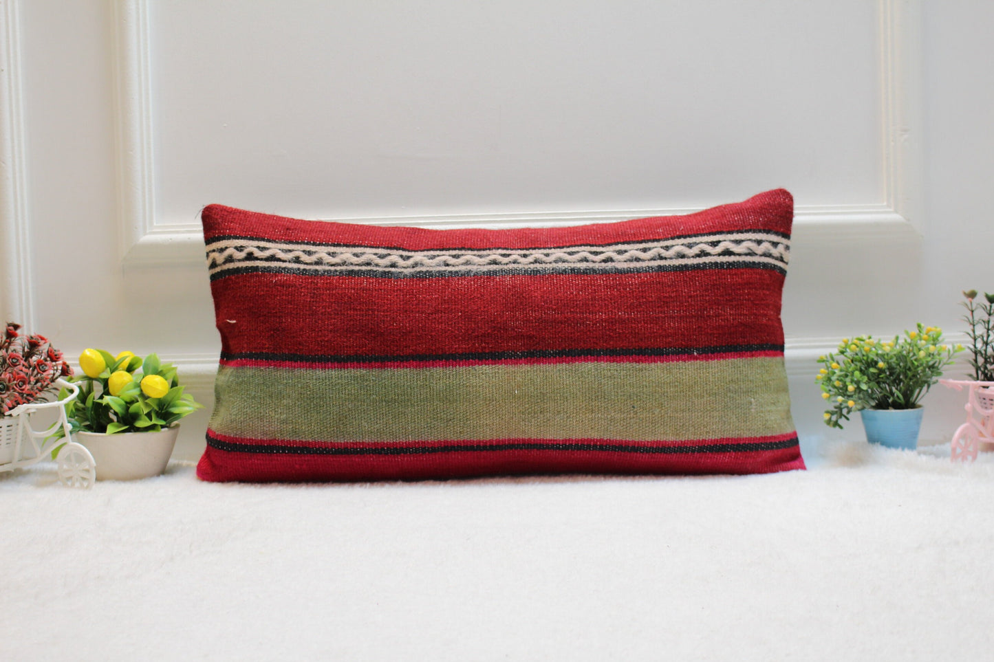 Red Turkish Kilim Lumbar Pillow – Vintage Rug Cushion Cover, 12x24 Inch