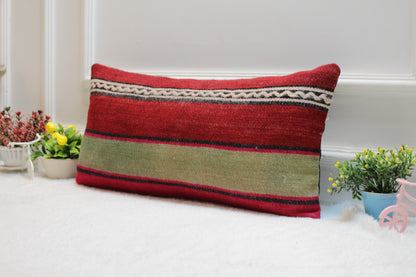 Red Turkish Kilim Lumbar Pillow – Vintage Rug Cushion Cover, 12x24 Inch