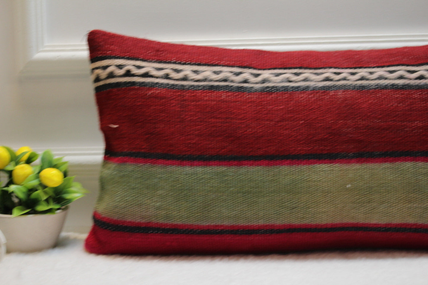 Red Turkish Kilim Lumbar Pillow – Vintage Rug Cushion Cover, 12x24 Inch