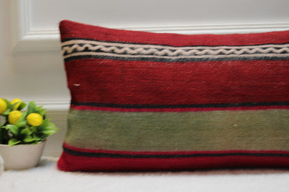 Red Turkish Kilim Lumbar Pillow – Vintage Rug Cushion Cover, 12x24 Inch