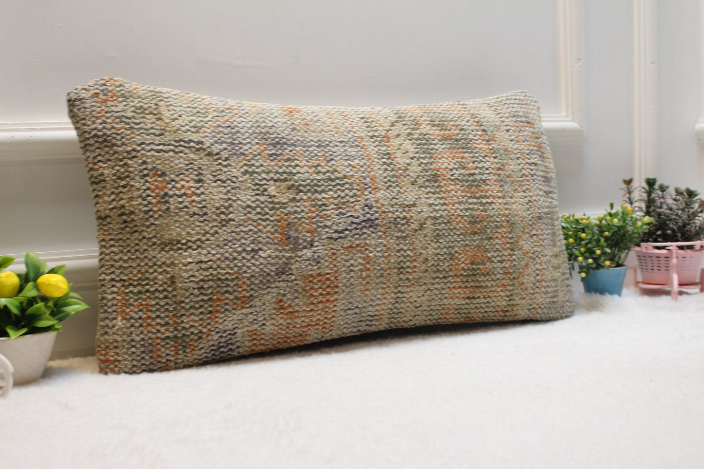 Handmade Beige Turkish Rug Pillow Cover: Lumbar Pillow Case 12x24 inc