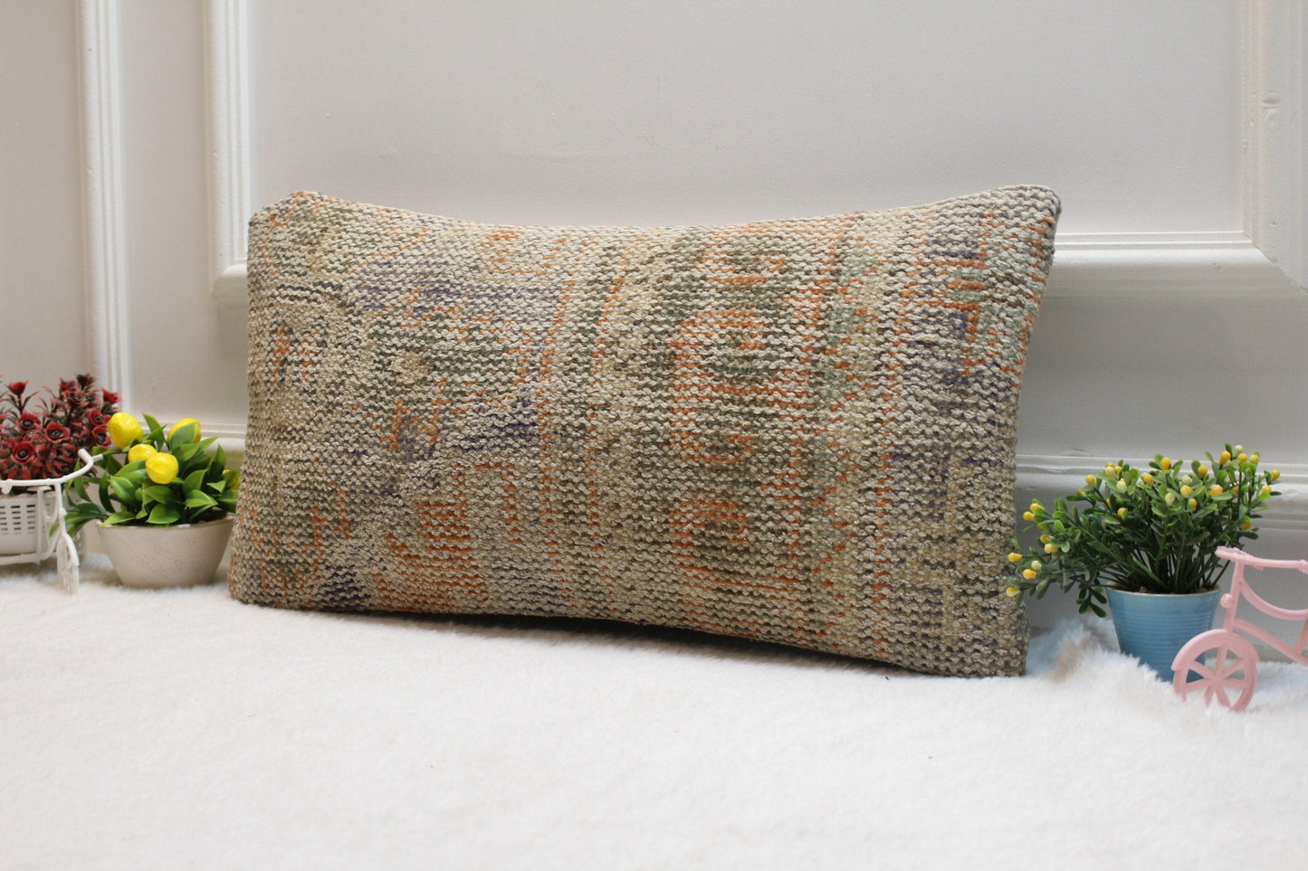 Handmade Beige Turkish Rug Pillow Cover: Lumbar Pillow Case 12x24 inc