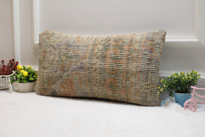 Handmade Beige Turkish Rug Pillow Cover: Lumbar Pillow Case 12x24 inc