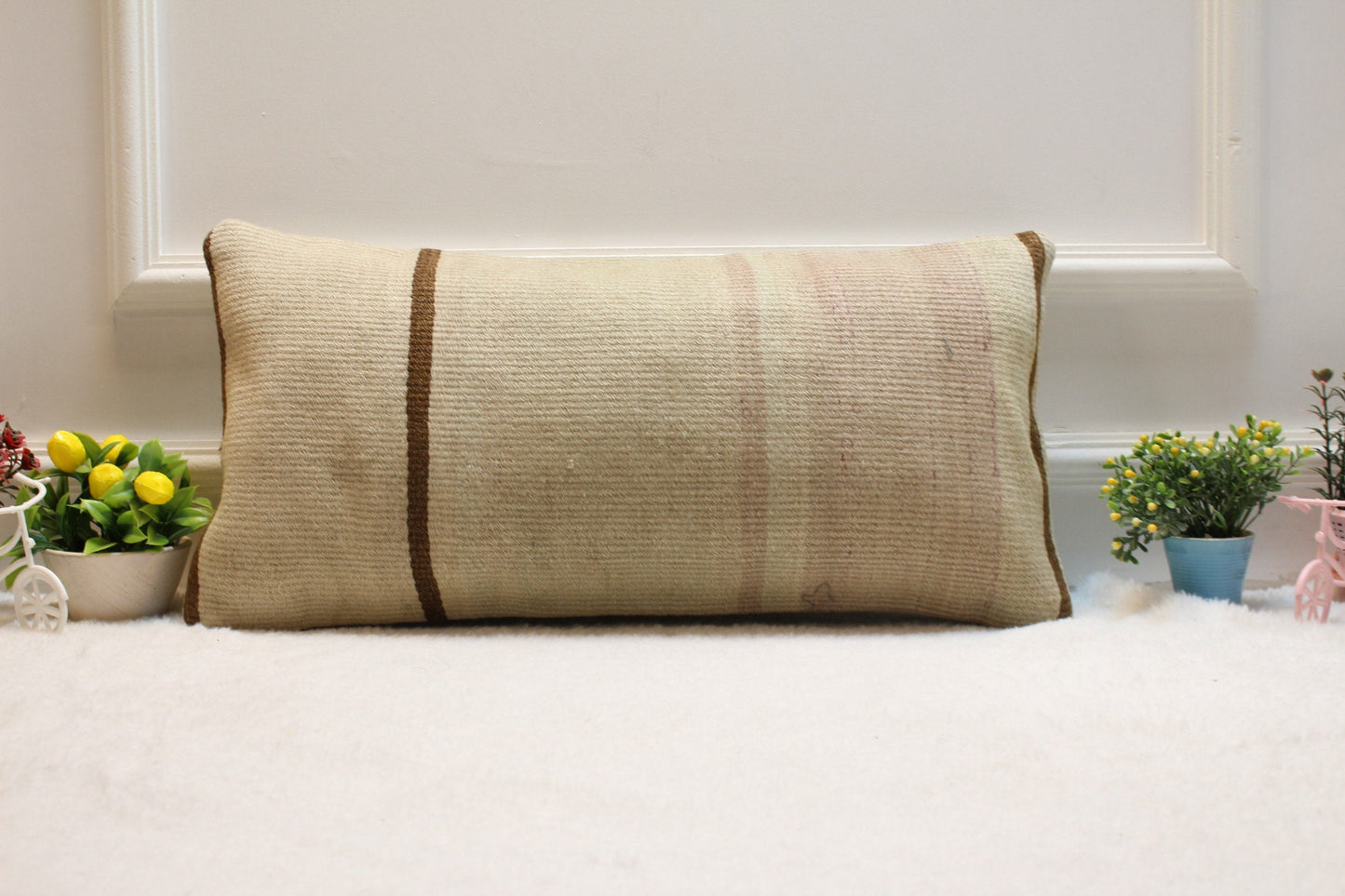 Beige Kilim Pillow Cover – Handmade Upcycled Woven Rug Cushion, 12x24 Inch