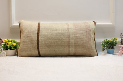 Beige Kilim Pillow Cover – Handmade Upcycled Woven Rug Cushion, 12x24 Inch