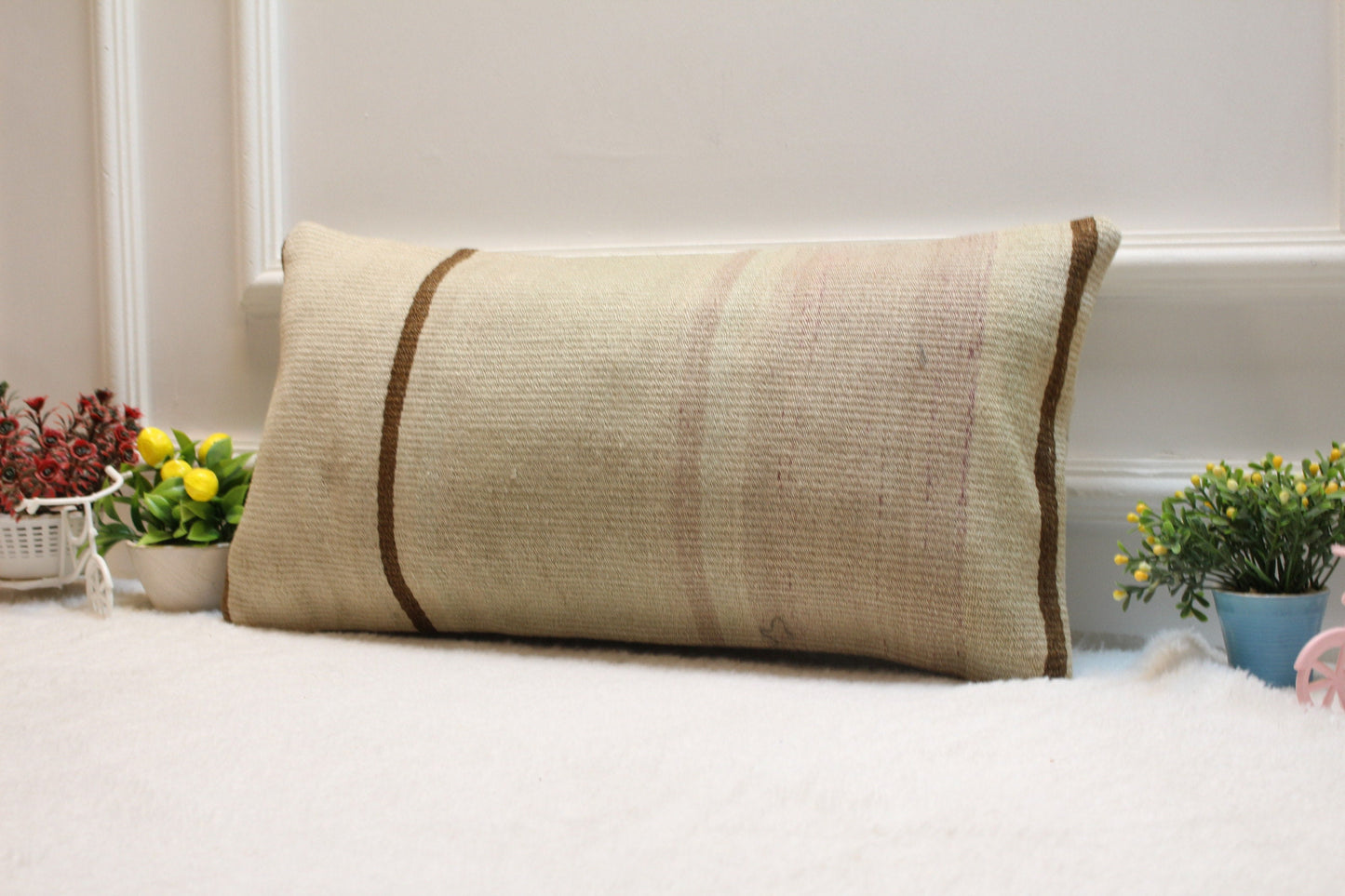 Beige Kilim Pillow Cover – Handmade Upcycled Woven Rug Cushion, 12x24 Inch