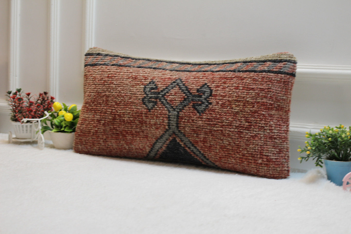 Handmade Kilim Lumbar Pillow Cover: Red & Gray Woven Rug (12x24 in)