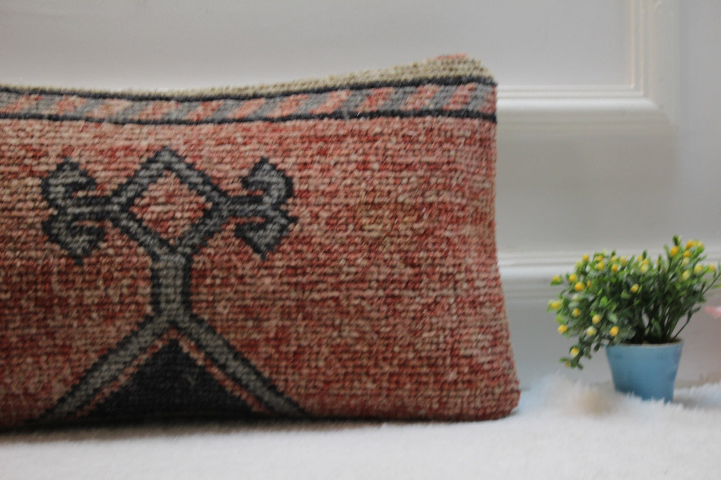 Handmade Kilim Lumbar Pillow Cover: Red & Gray Woven Rug (12x24 in)