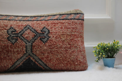 Handmade Kilim Lumbar Pillow Cover: Red & Gray Woven Rug (12x24 in)