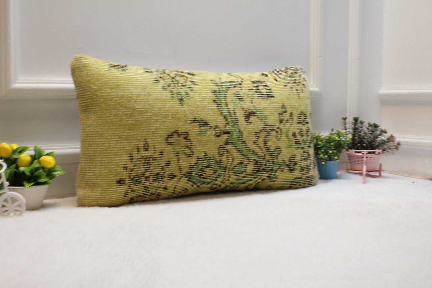 Beige & Green Kilim Lumbar Pillow – Handmade Rug Cushion Cover, 12x24 Inch