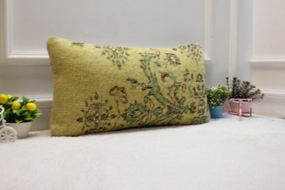 Beige & Green Kilim Lumbar Pillow – Handmade Rug Cushion Cover, 12x24 Inch