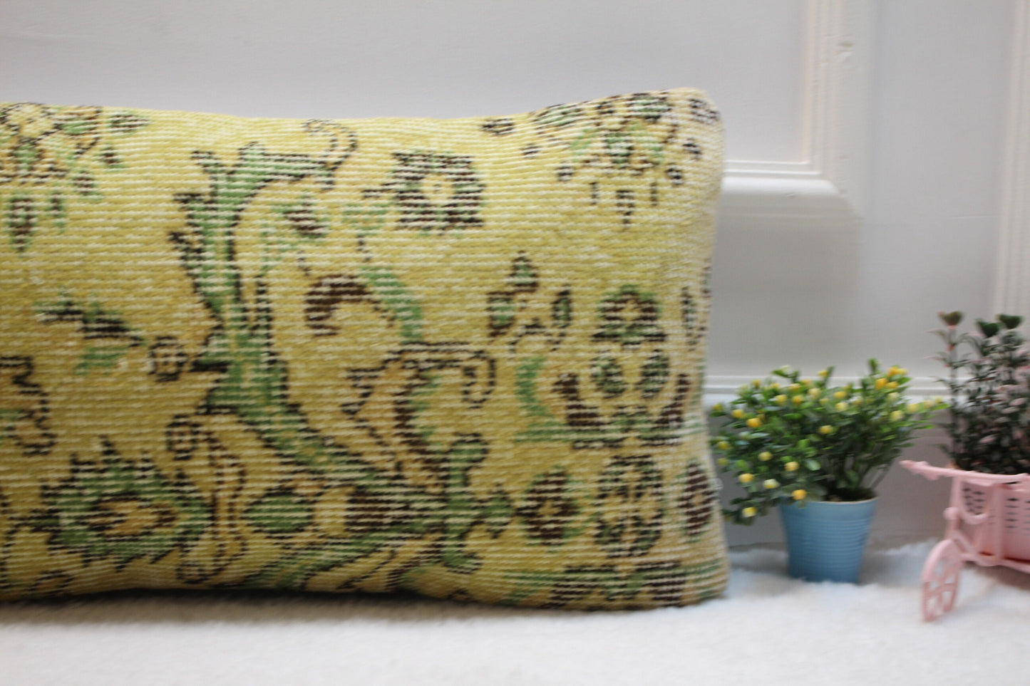 Beige & Green Kilim Lumbar Pillow – Handmade Rug Cushion Cover, 12x24 Inch