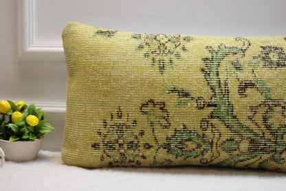 Beige & Green Kilim Lumbar Pillow – Handmade Rug Cushion Cover, 12x24 Inch