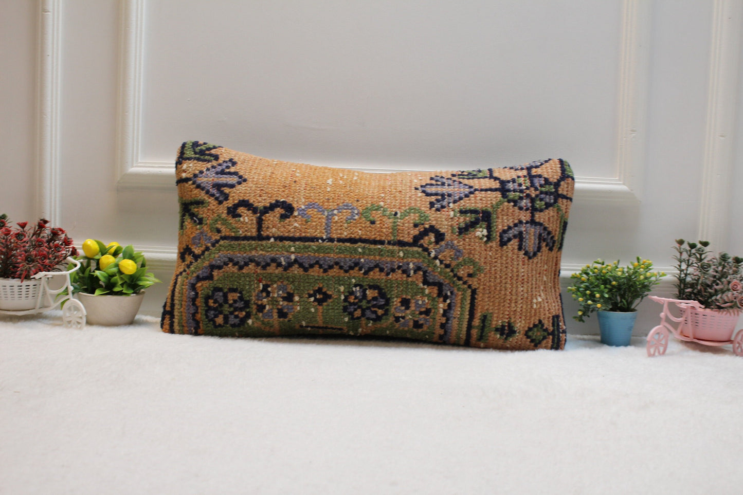 Handmade Orange Lumbar Pillow Cover: Turkish Rug Design (12x24 in)