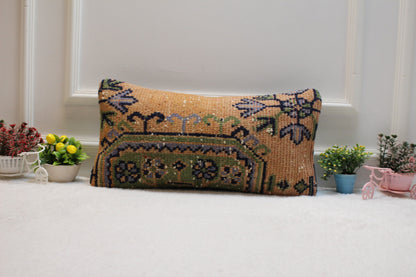 Handmade Orange Lumbar Pillow Cover: Turkish Rug Design (12x24 in)