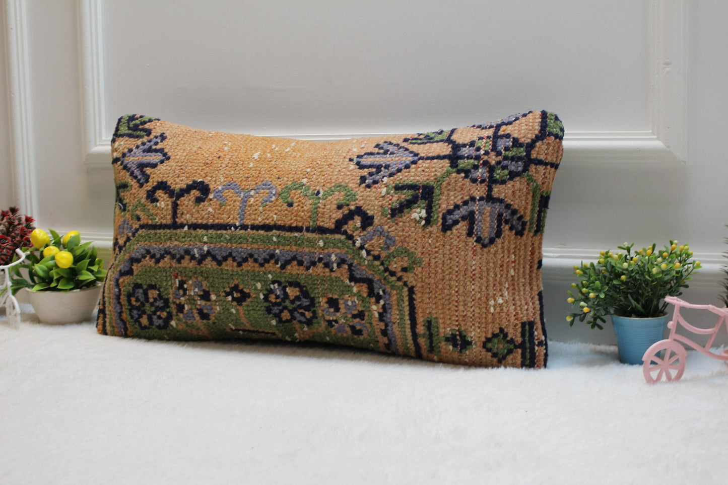 Handmade Orange Lumbar Pillow Cover: Turkish Rug Design (12x24 in)