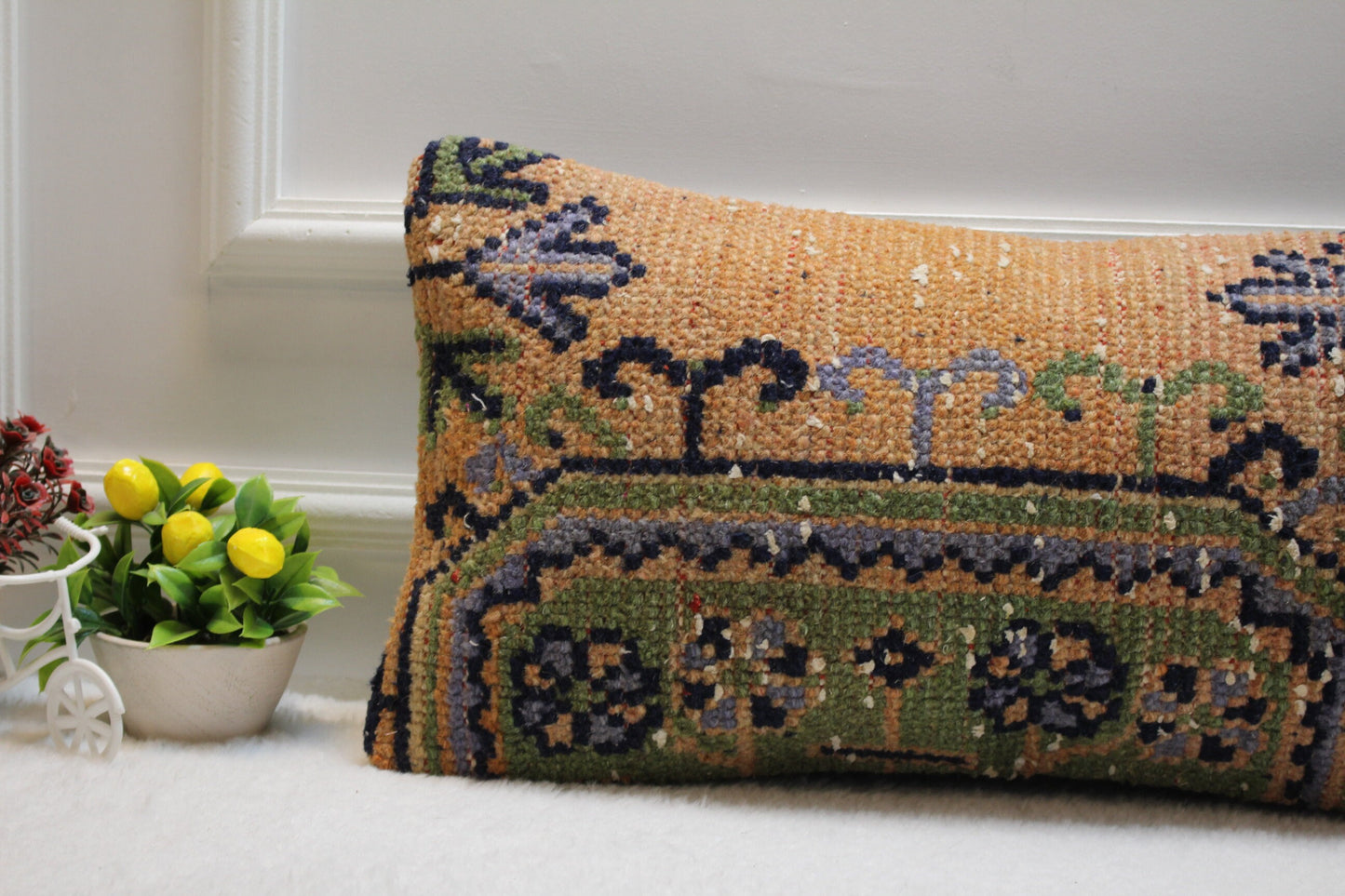 Handmade Orange Lumbar Pillow Cover: Turkish Rug Design (12x24 in)