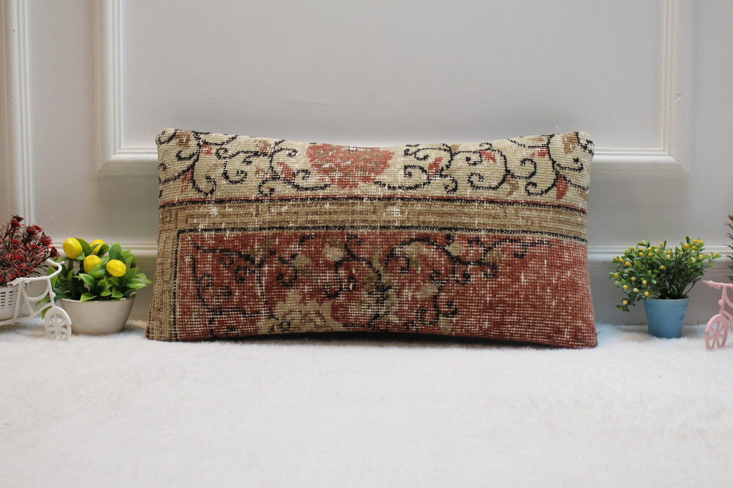 Red & Beige Kilim Lumbar Pillow – Handmade Organic Wool Cushion Cover, 12x24 Inch