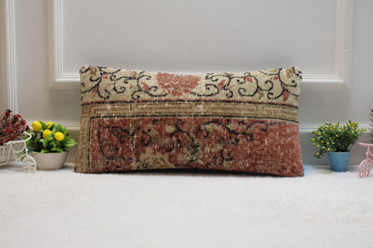 Red & Beige Kilim Lumbar Pillow – Handmade Organic Wool Cushion Cover, 12x24 Inch