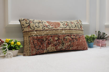 Red & Beige Kilim Lumbar Pillow – Handmade Organic Wool Cushion Cover, 12x24 Inch
