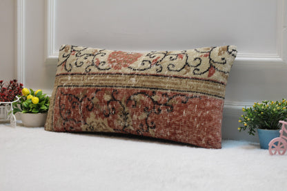 Red & Beige Kilim Lumbar Pillow – Handmade Organic Wool Cushion Cover, 12x24 Inch